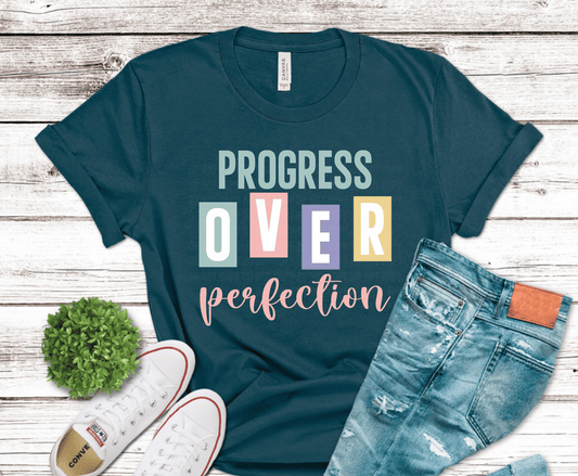 Progress Over Perfection multicolored block lettering motivational DTF transfer, ready to press heat transfer for motivational shirts