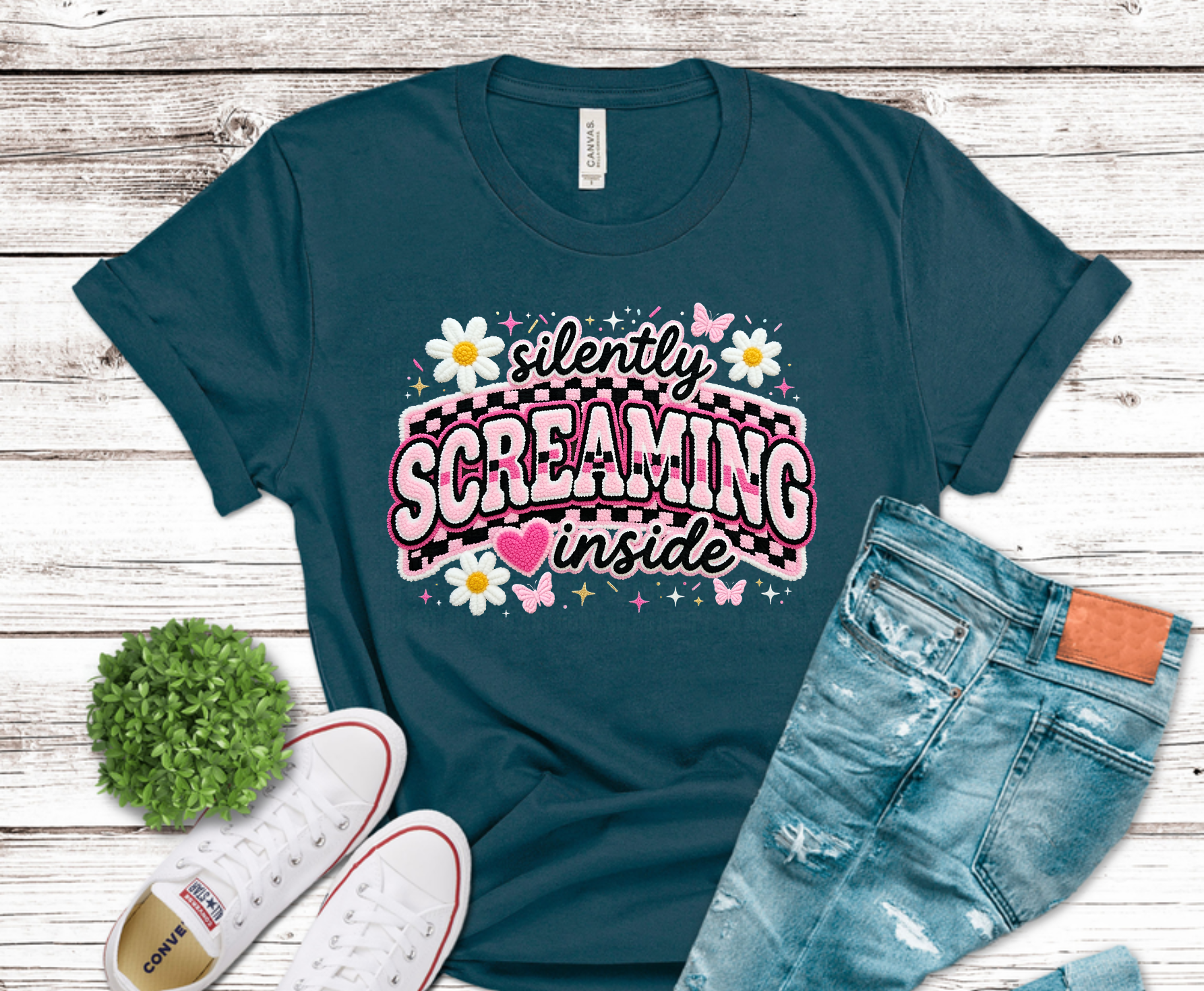 Silently Screaming Inside pink lettering with daisies and hearts sarcastic DTF transfer, ready to press heat transfer for funny shirts