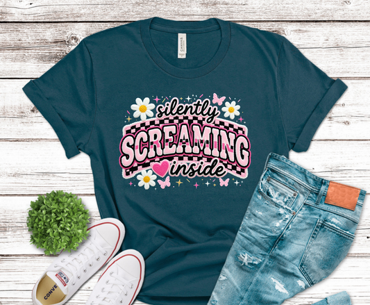 Silently Screaming Inside pink lettering with daisies and hearts sarcastic DTF transfer, ready to press heat transfer for funny shirts