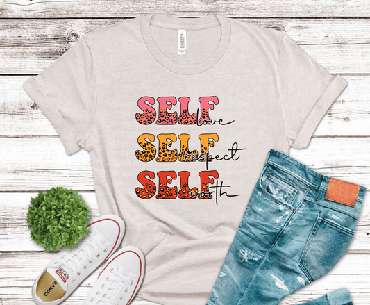 Self Love Self Respect Self Worth leopard floral lettering motivational DTF transfer, ready to press heat transfer for empowering shirts