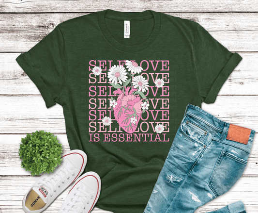 Self Love Is Essential pink lettering with flowers motivational DTF transfer, ready to press heat transfer for self love shirts