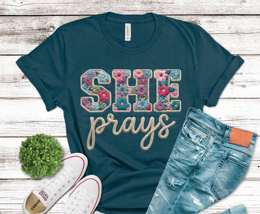 She Prays soft floral lettering Christian DTF transfer, ready to press heat transfer for religious shirts