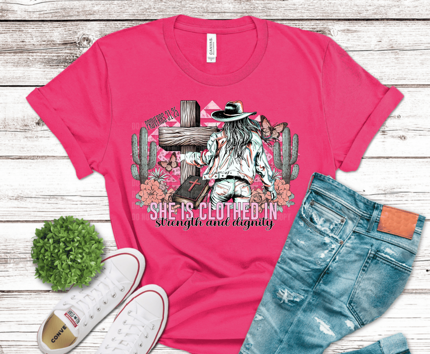 She Is Clothed In skeleton cowgirl with flowers and cross western Christian DTF transfer, ready to press heat transfer for empowering shirts