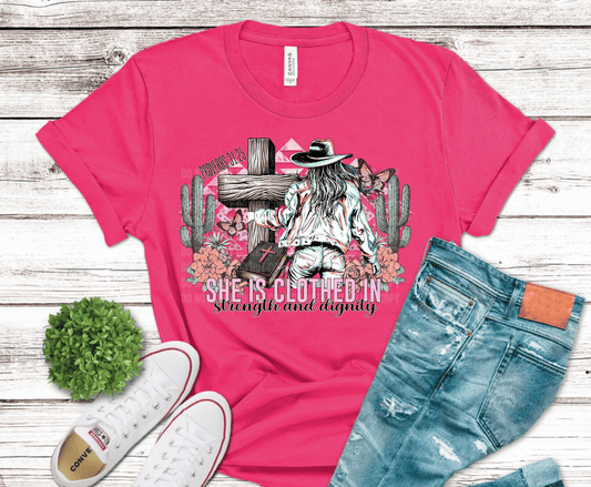 She Is Clothed In skeleton cowgirl with flowers and cross western Christian DTF transfer, ready to press heat transfer for empowering shirts