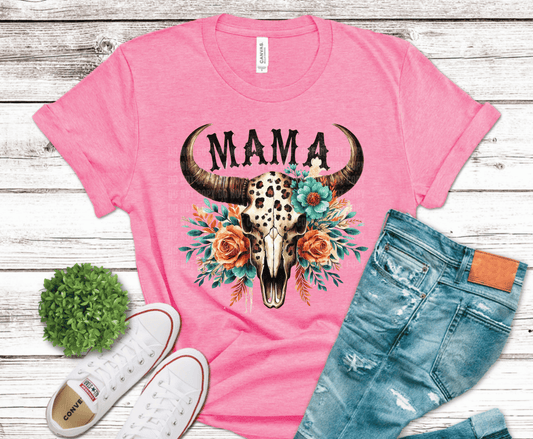 Cow skull with orange and teal flowers western DTF transfer, ready to press heat transfer for western shirts