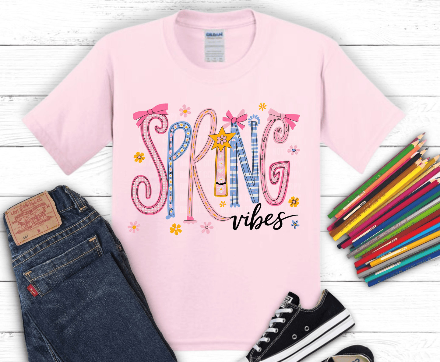 Spring Vibes pastel colorful lettering with stars DTF transfer, ready to press heat transfer for spring and Easter shirts