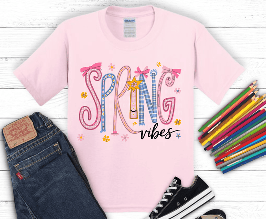 Spring Vibes pastel colorful lettering with stars DTF transfer, ready to press heat transfer for spring and Easter shirts