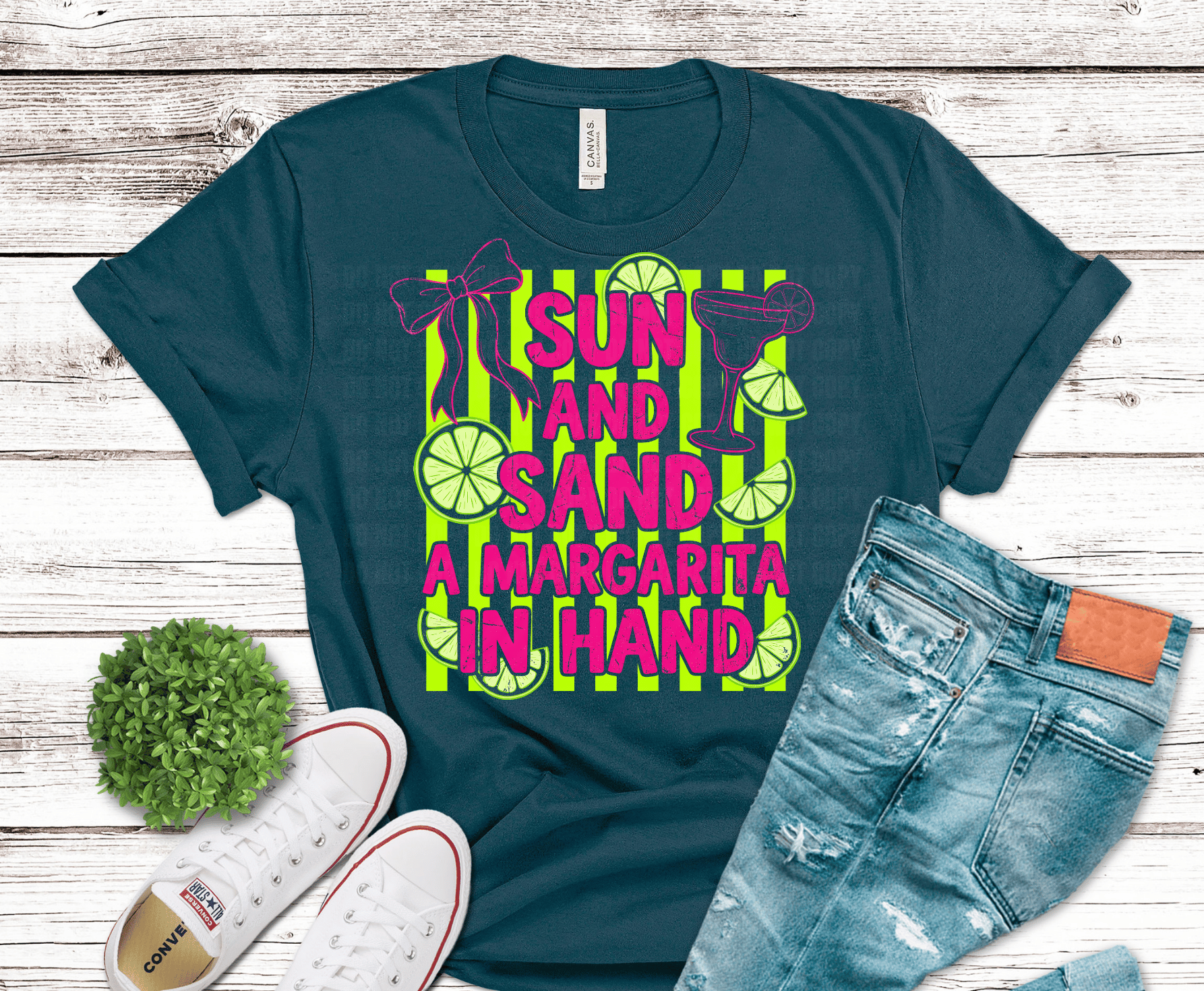 Sun Sand and a Margarita in Hand colorful lettering DTF transfer, ready to press heat transfer for summer shirts