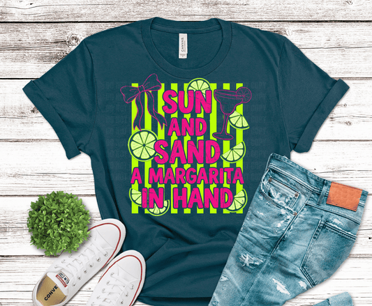 Sun Sand and a Margarita in Hand colorful lettering DTF transfer, ready to press heat transfer for summer shirts