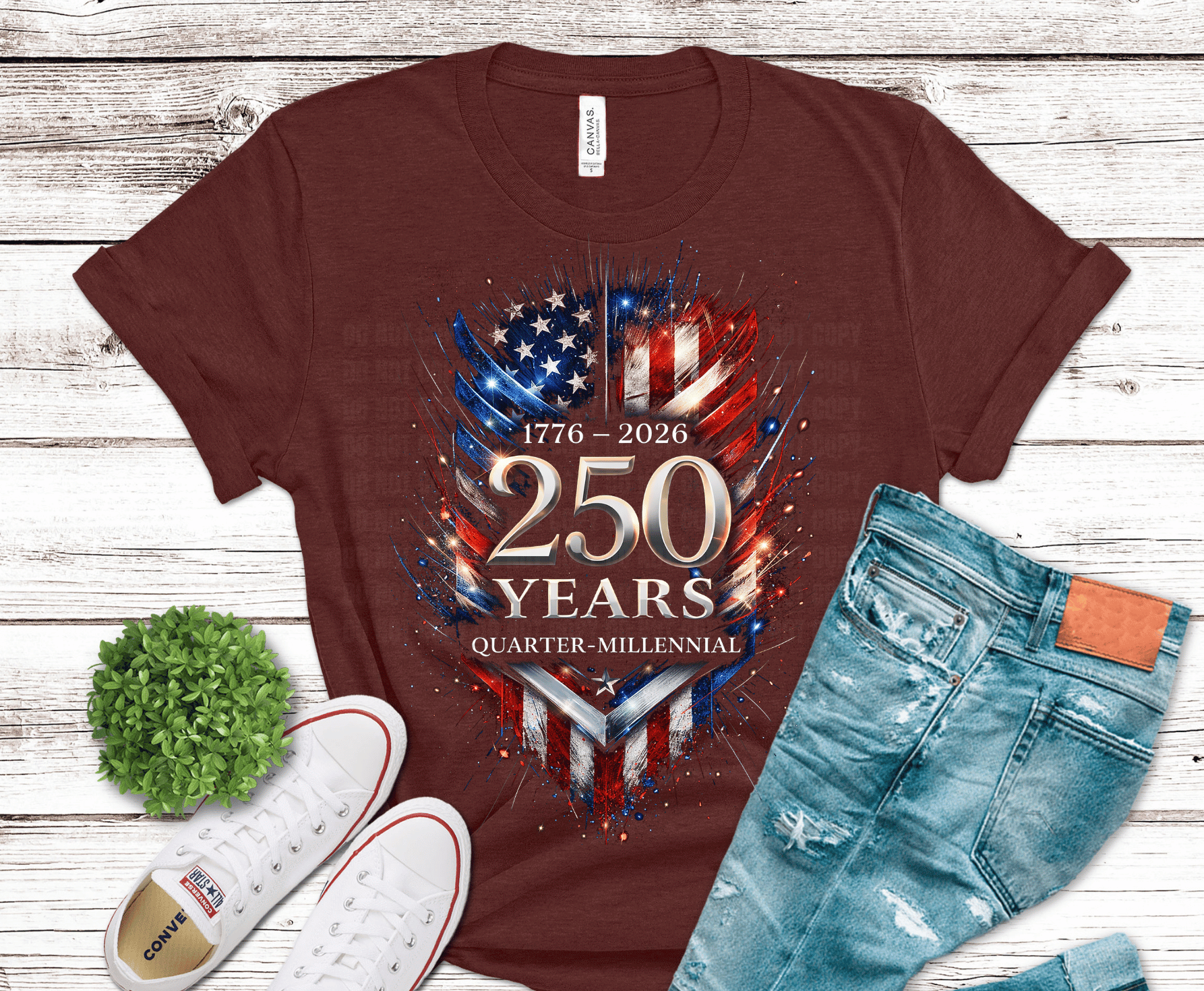 250 Years Semiquincentennial shield with fireworks and flag DTF transfer, ready to press heat transfer for patriotic shirts