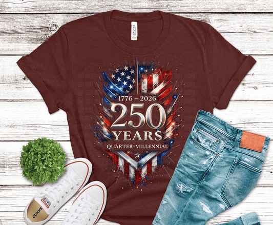 250 Years Semiquincentennial shield with fireworks and flag DTF transfer, ready to press heat transfer for patriotic shirts