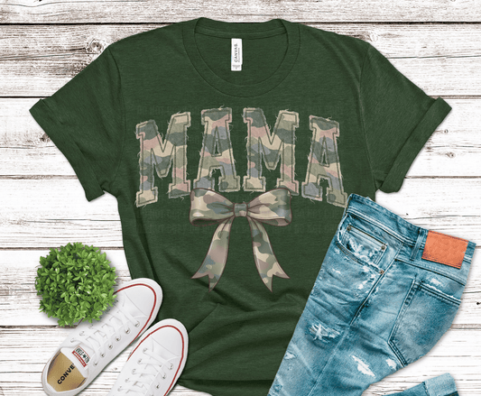 Camo MAMA with bow camouflage lettering DTF transfer, ready to press heat transfer for mom shirts