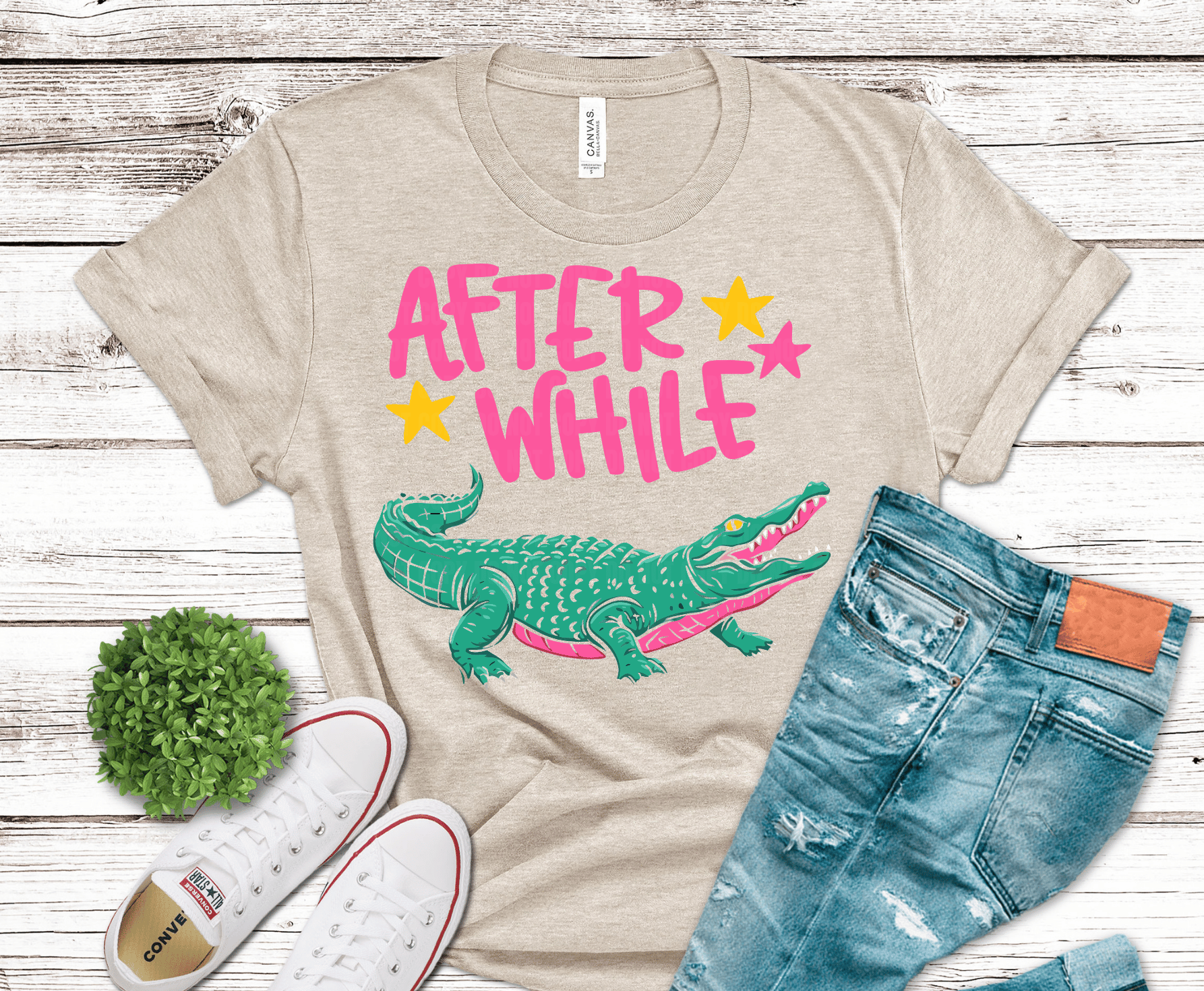 After A While pink crocodile DTF transfer, ready to press heat transfer for humorous shirts