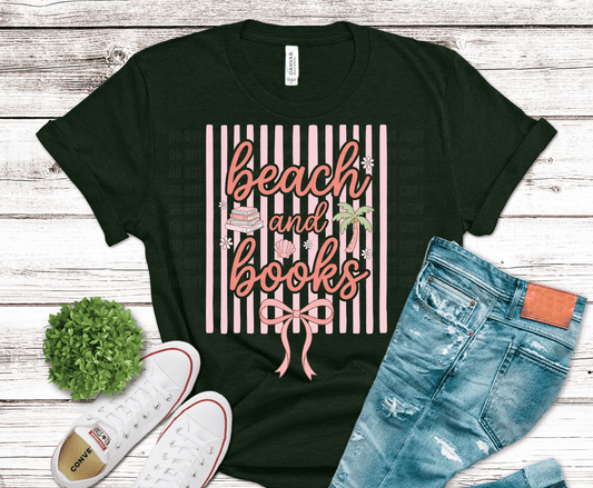 Beach and Books striped with bow DTF transfer, ready to press heat transfer for summer shirts