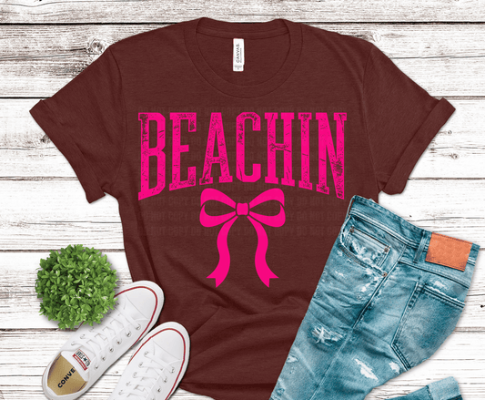 Beachin pink lettering with bow DTF transfer, ready to press heat transfer for summer shirts