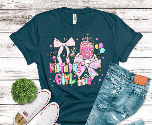 Birthday Girl coquette with pink bows gifts and cake DTF transfer, ready to press heat transfer for birthday shirts