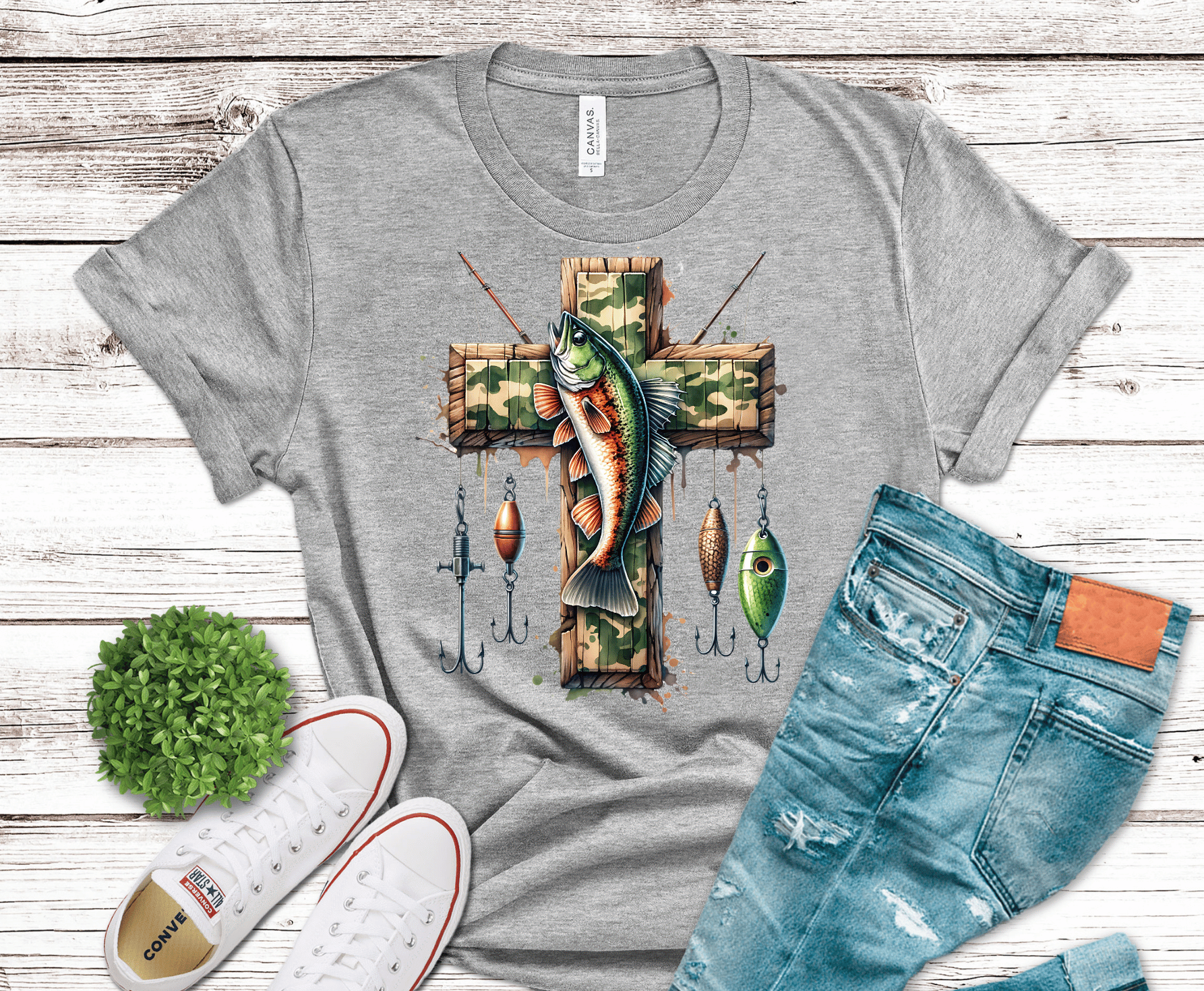 Christian Fishing cross with largemouth bass and lures DTF transfer, ready to press heat transfer for fishing shirts