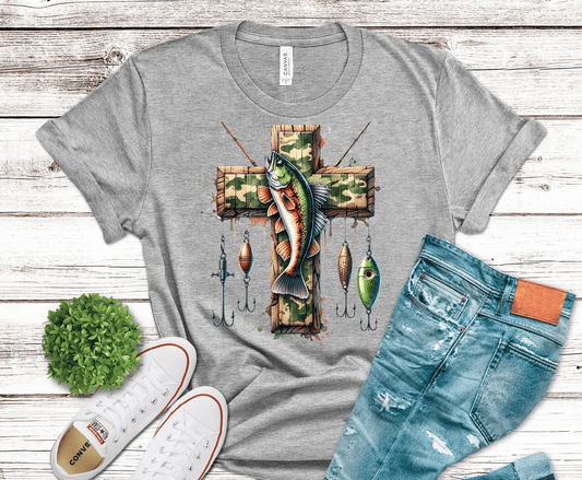 Christian Fishing cross with largemouth bass and lures DTF transfer, ready to press heat transfer for fishing shirts