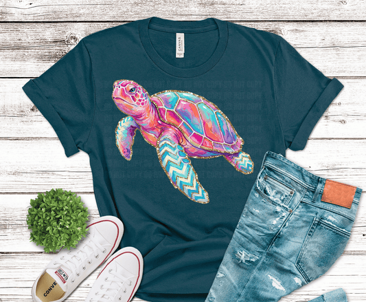 Coquette Summer Sea Turtle colorful pastel turtle DTF transfer, ready to press heat transfer for beach shirts