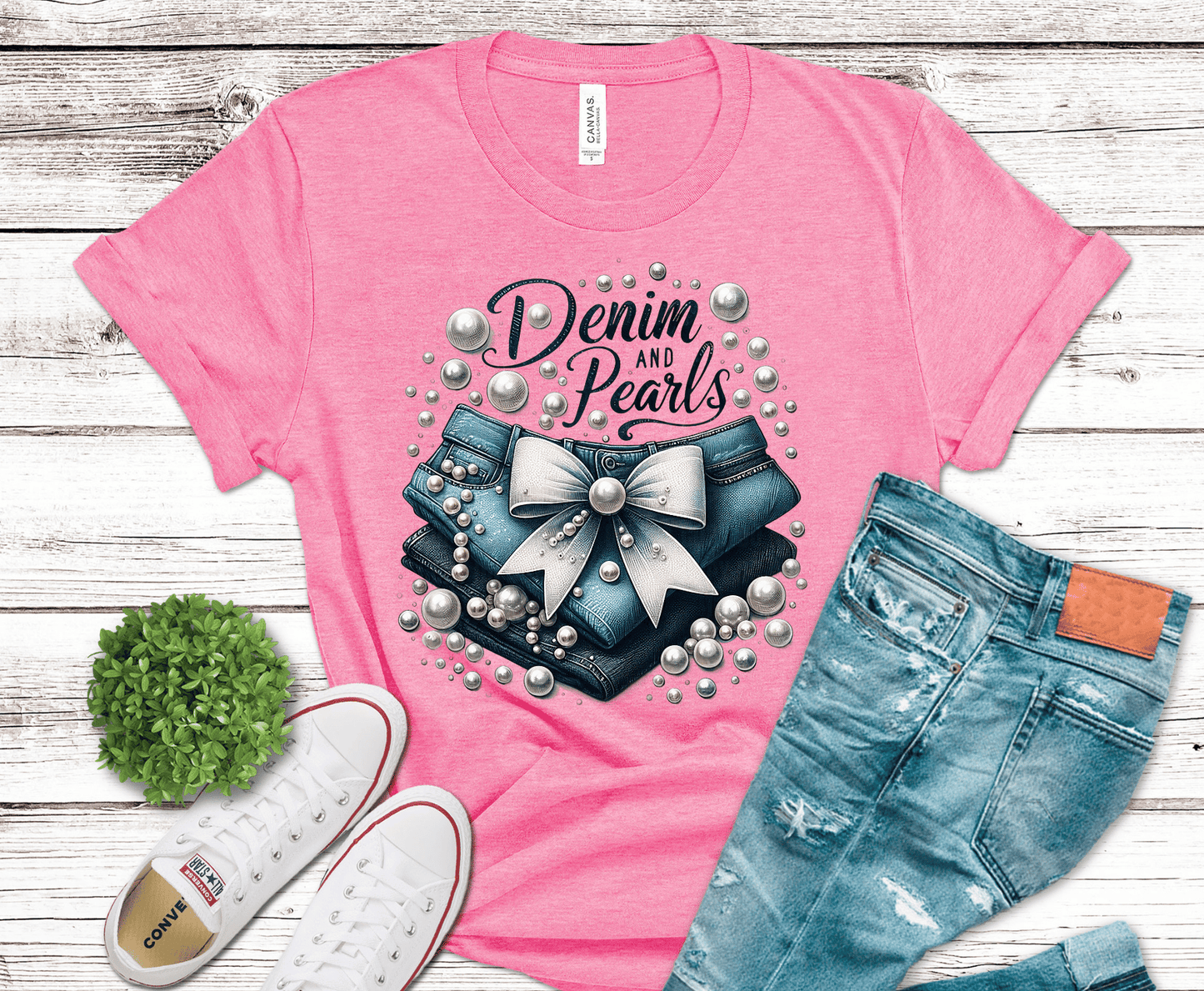 Denim and Diamonds blue bow with pearls DTF transfer, ready to press heat transfer for coquette shirts