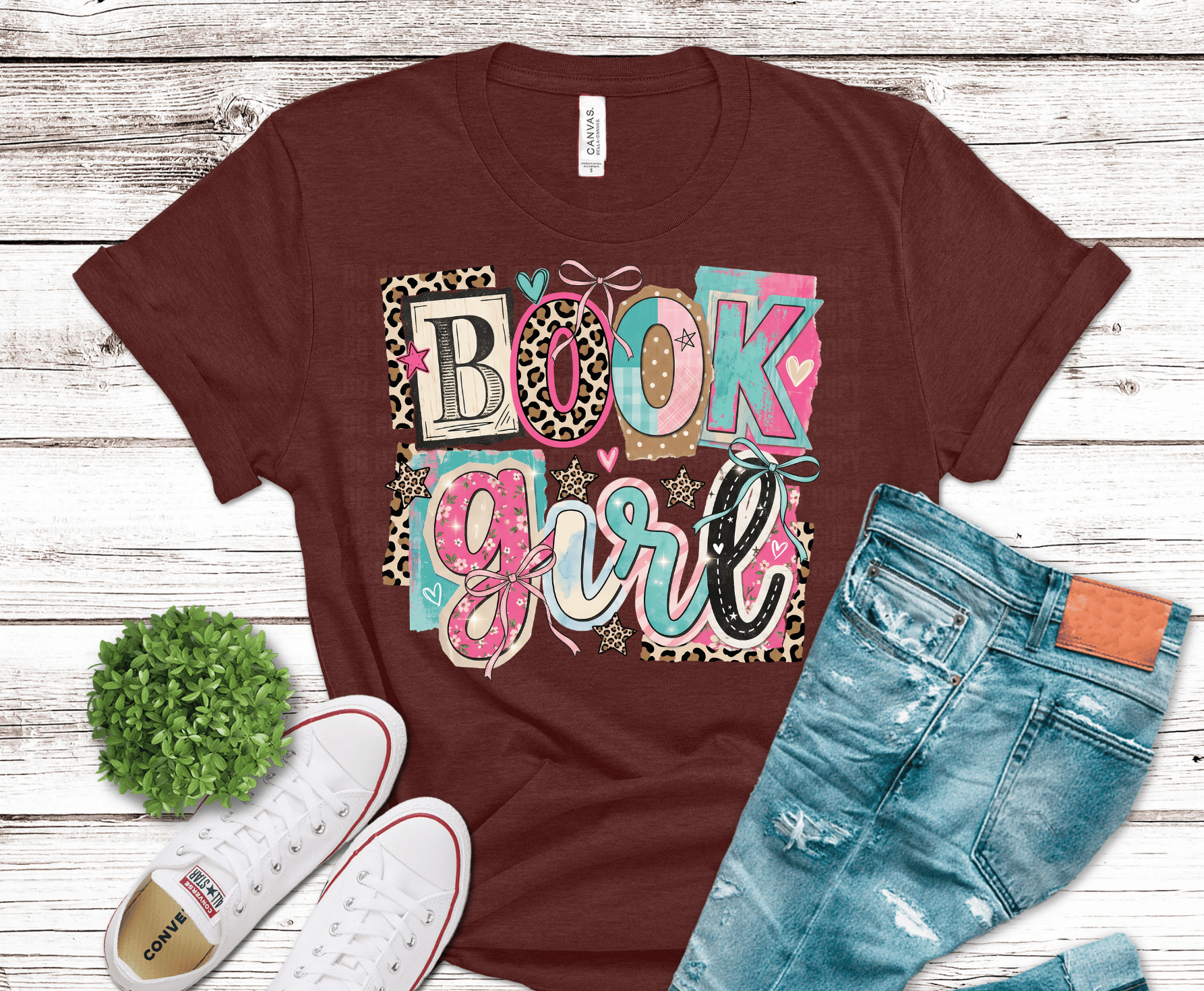 Book Girl colorful patterned lettering DTF transfer, ready to press heat transfer for bookish shirts