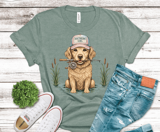 Dog Fishing golden retriever with fishing hat and rod DTF transfer, ready to press heat transfer for fishing shirts