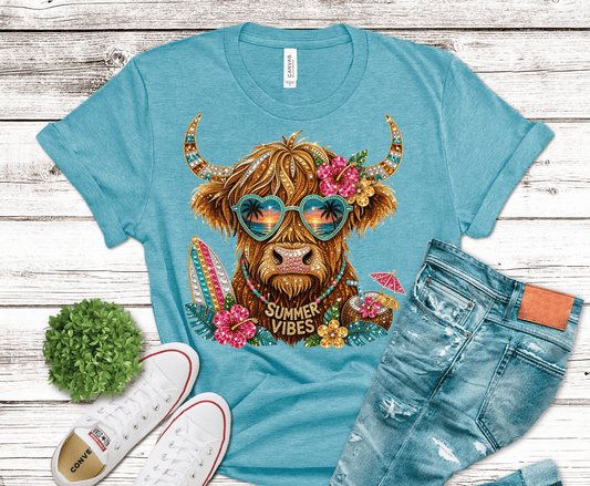 Highland Cow with sunglasses flowers and surfboard Summer Vibes DTF transfer, ready to press heat transfer for cow shirts