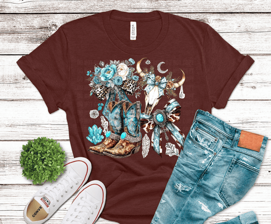 Boho Cowgirl Boots with cow skull turquoise feathers DTF transfer, ready to press heat transfer for western shirts