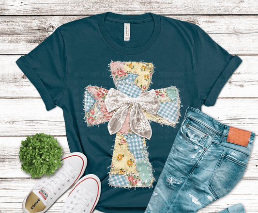 Floral Patchwork Cross with bow DTF transfer, ready to press heat transfer for faith shirts