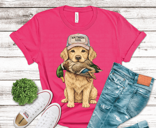 Girl Duck Hunt golden retriever with duck DTF transfer, ready to press heat transfer for hunting shirts
