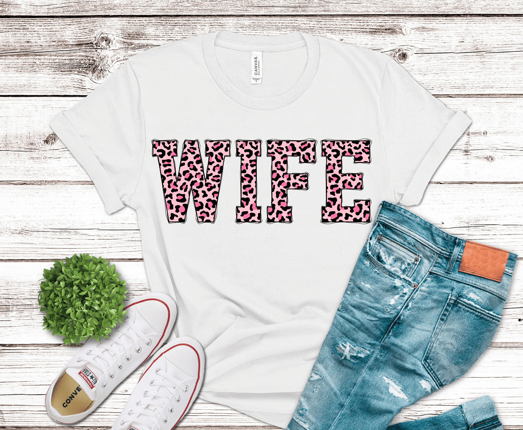 Wife pink leopard print lettering DTF transfer, ready to press heat transfer for wife shirts