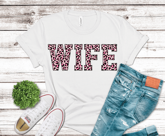 Wife pink leopard print lettering DTF transfer, ready to press heat transfer for wife shirts