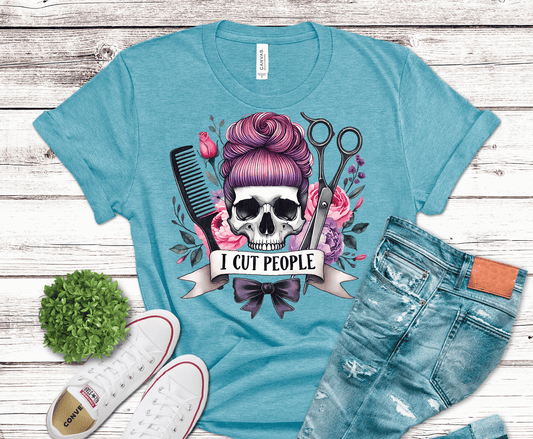 I Cut People hairstylist skull with scissors and flowers DTF transfer, ready to press heat transfer for salon shirts