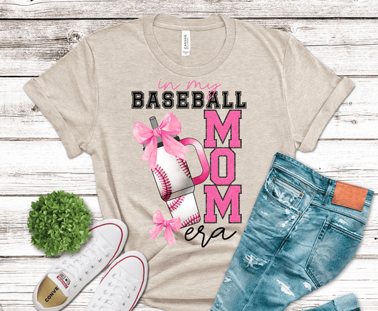 In My Baseball Mom Era coquette pink tumbler DTF transfer, ready to press heat transfer for sports mom shirts