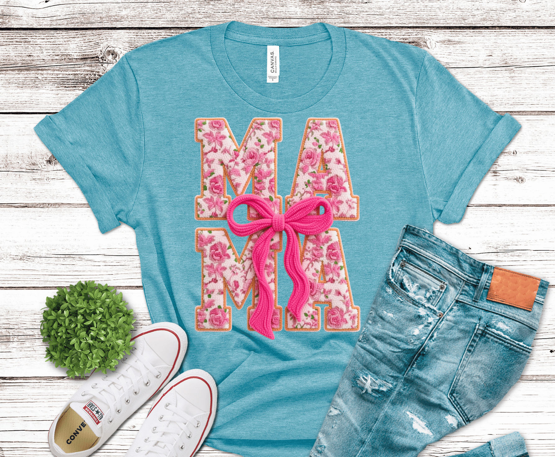 Pink Floral MAMA with bow DTF transfer, ready to press heat transfer for mom shirts