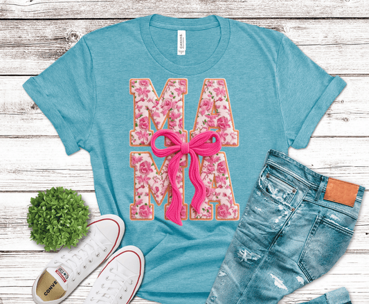 Pink Floral MAMA with bow DTF transfer, ready to press heat transfer for mom shirts