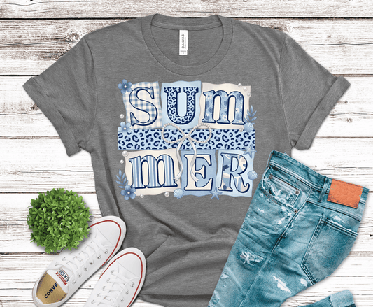 Summer Blue Glitter lettering DTF transfer, ready to press heat transfer for summer shirts