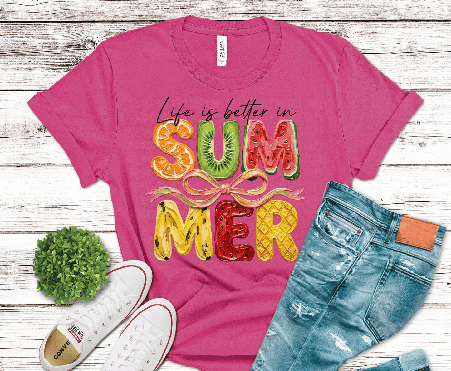 Summer Fruit Kiwi with bow colorful lettering DTF transfer, ready to press heat transfer for summer shirts