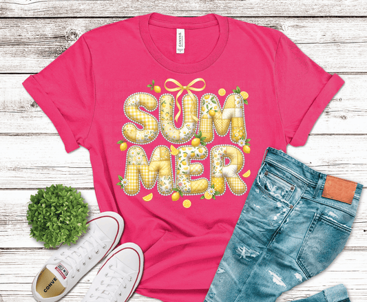 Summer Lemon with bow yellow lettering DTF transfer, ready to press heat transfer for summer shirts