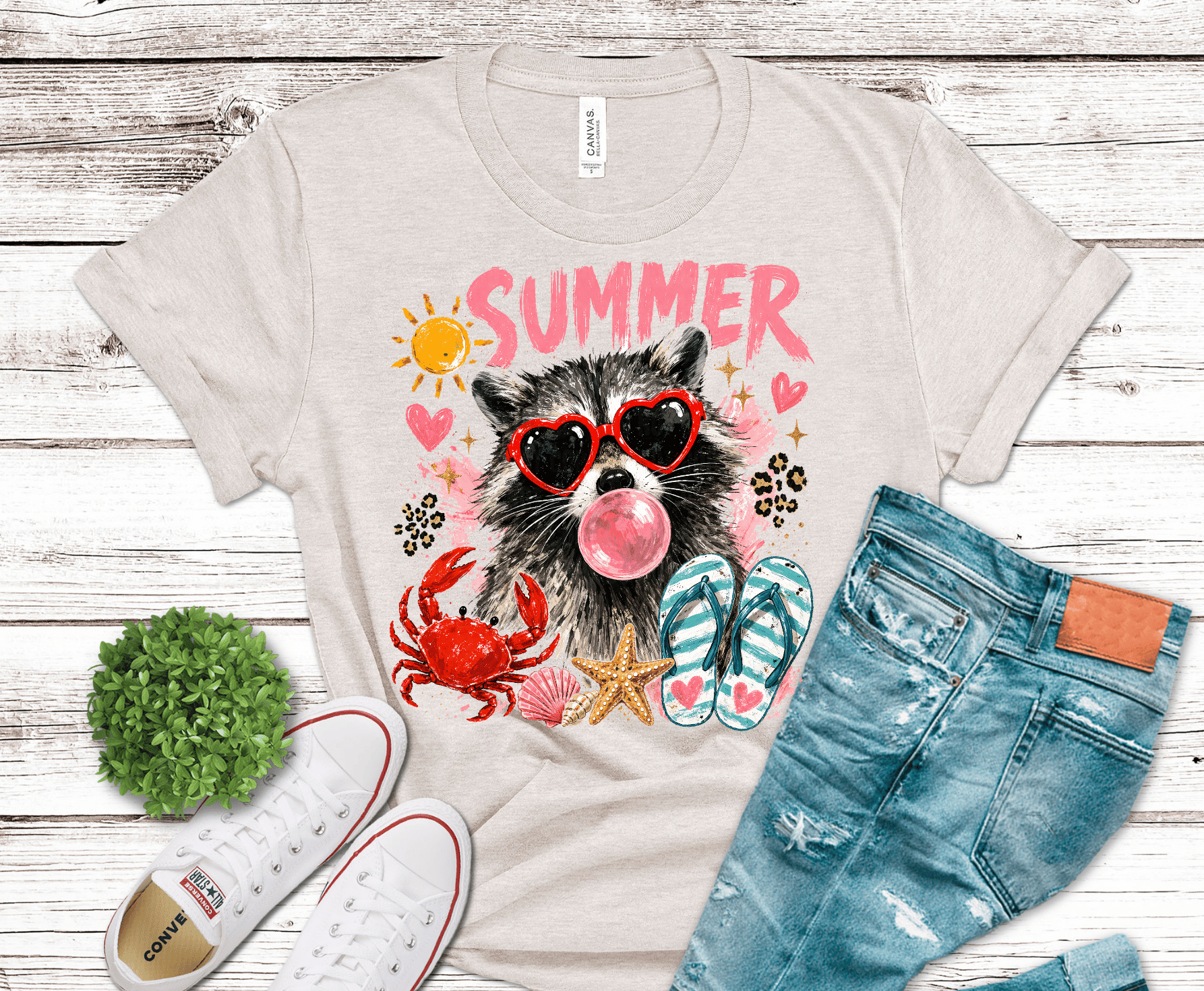 Summer Beach Dog with sunglasses crab and flip flops DTF transfer, ready to press heat transfer for summer shirts