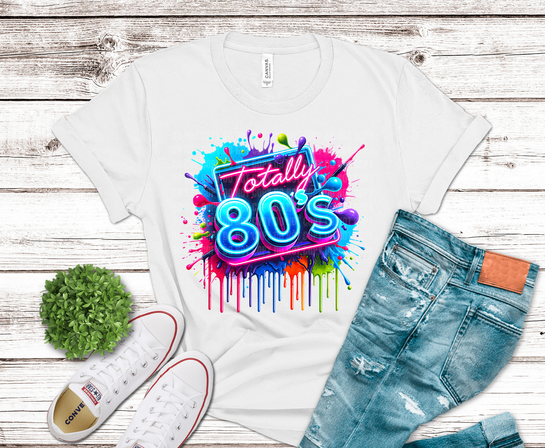 Totally 80s neon splatter DTF transfer, ready to press heat transfer for retro shirts