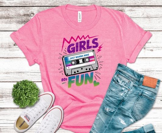 80s Girls Just Wanna Have Fun cassette tape DTF transfer, ready to press heat transfer for 80s shirts