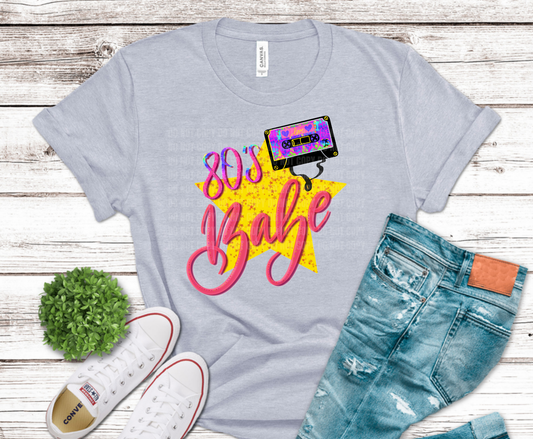 80s Babe cassette on star background DTF transfer, ready to press heat transfer for 80s shirts