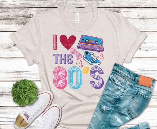 I Love The 80s with cassette and roller skate DTF transfer, ready to press heat transfer for retro shirts