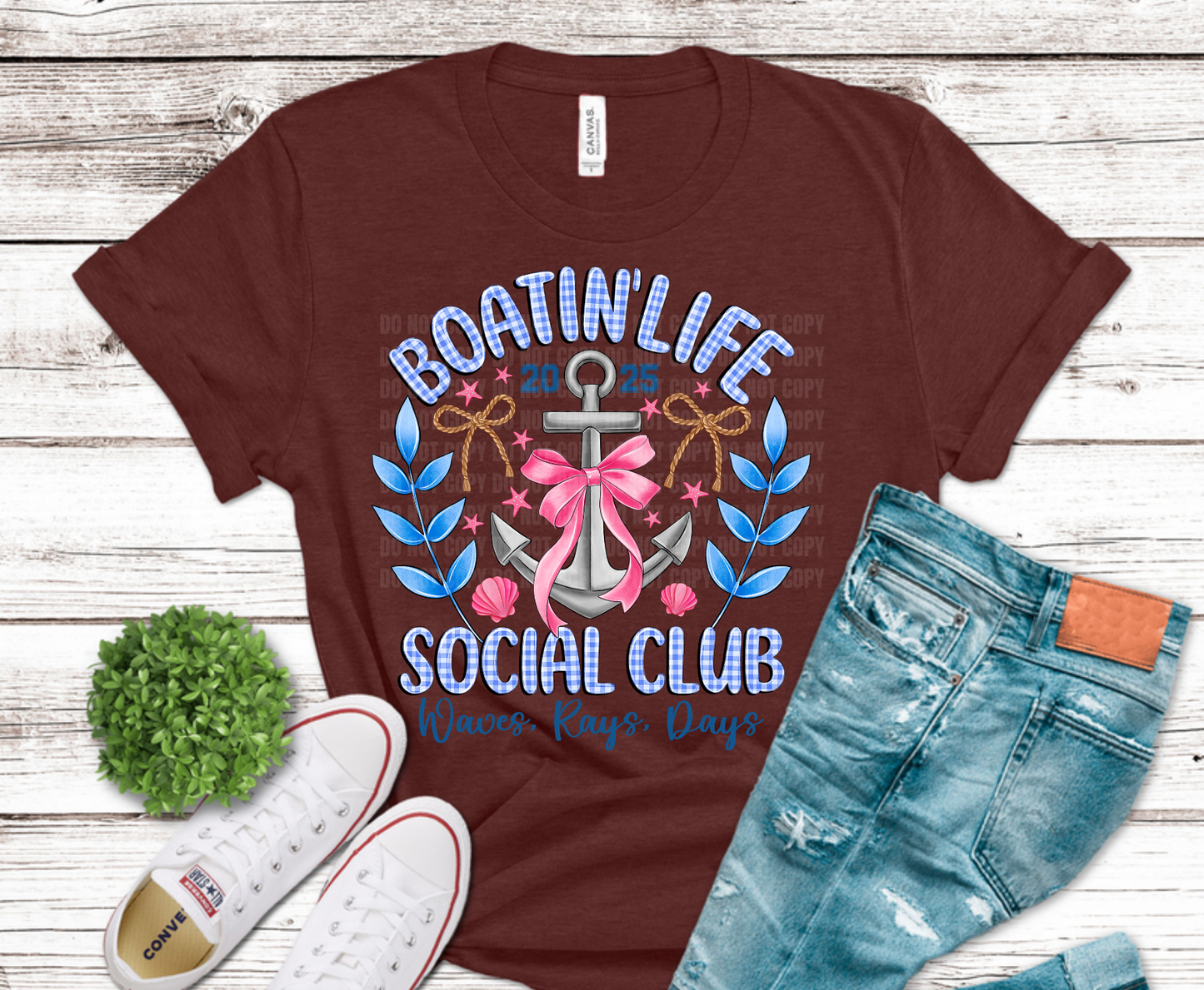Boatin Life Social Club anchor with bows DTF transfer, ready to press heat transfer for lake shirts