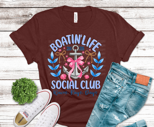 Boatin Life Social Club anchor with bows DTF transfer, ready to press heat transfer for lake shirts