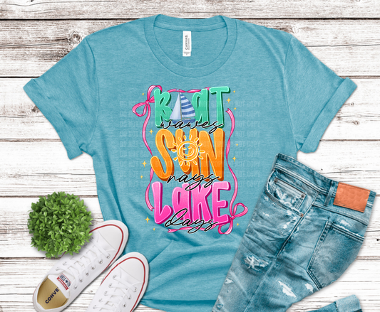 Boat Waves Sun Rays Lake Days colorful lettering DTF transfer, ready to press heat transfer for lake shirts