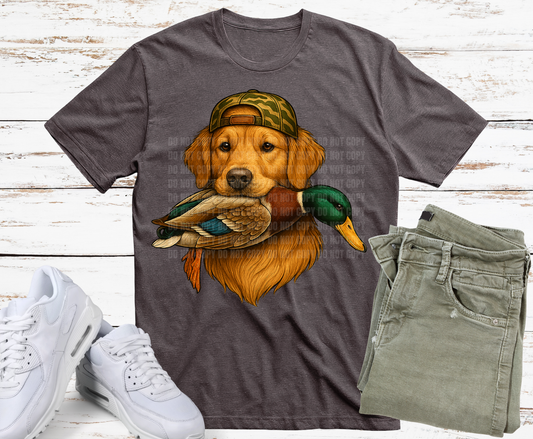 Golden Retriever with duck hunting DTF transfer, ready to press heat transfer for hunting shirts