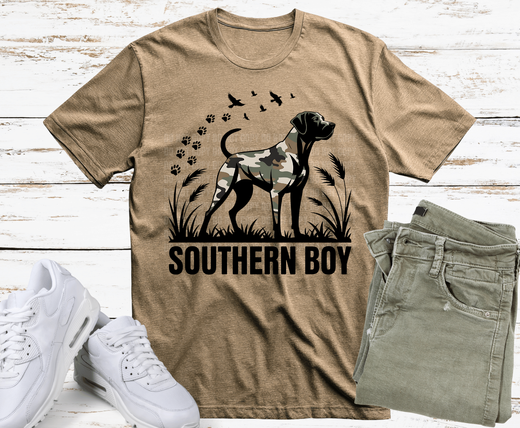 Southern Boy Camo Dog silhouette DTF transfer, ready to press heat transfer for hunting shirts