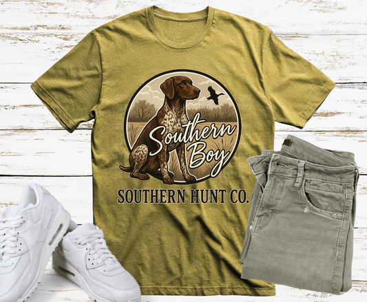 Southern Hunt Co brown dog in field DTF transfer, ready to press heat transfer for hunting shirts